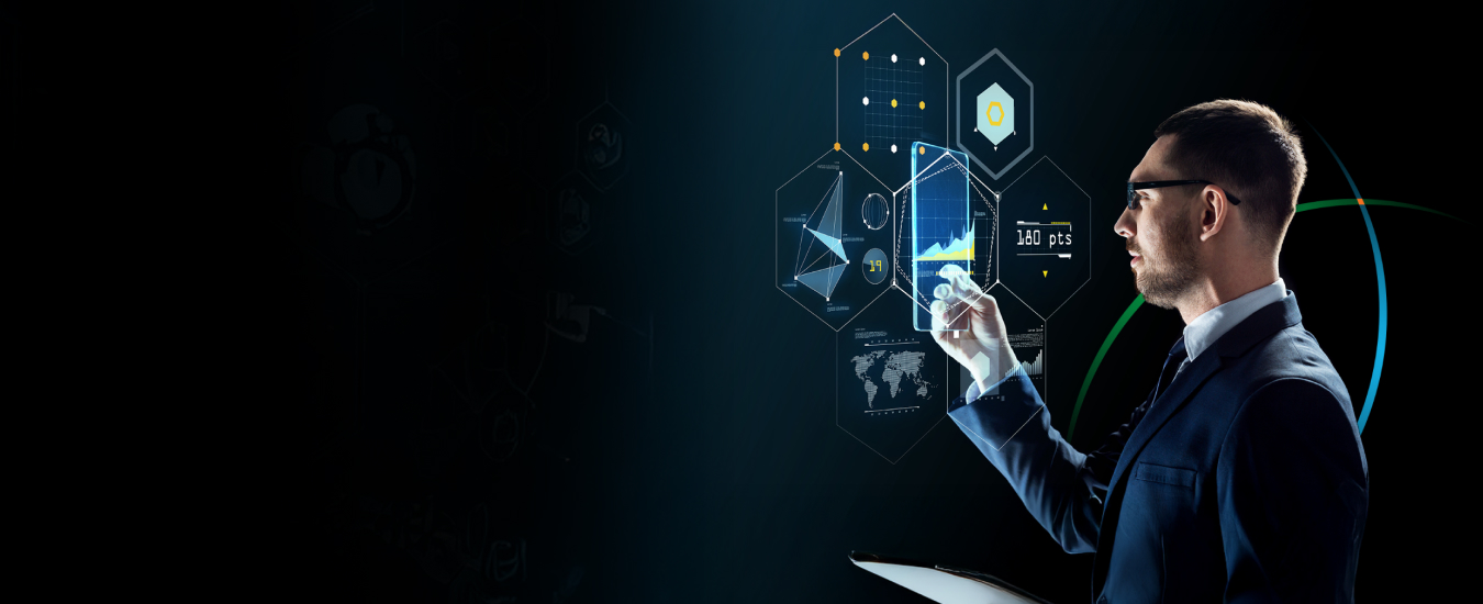 banner showing a business professional against a dark background interacting with an abstract depiction of analytics dashboards 