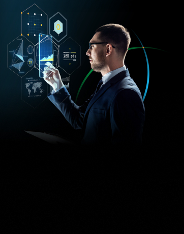 banner showing a business professional against a dark background interacting with an abstract depiction of analytics dashboards 