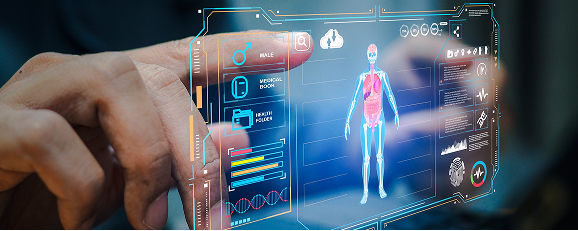 a hand interacting with a futuristic and abstract depiction of an analytics dashboard displaying patient insights
