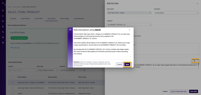 Fig.9 - Edit rule descriptions for DQ using GenAI